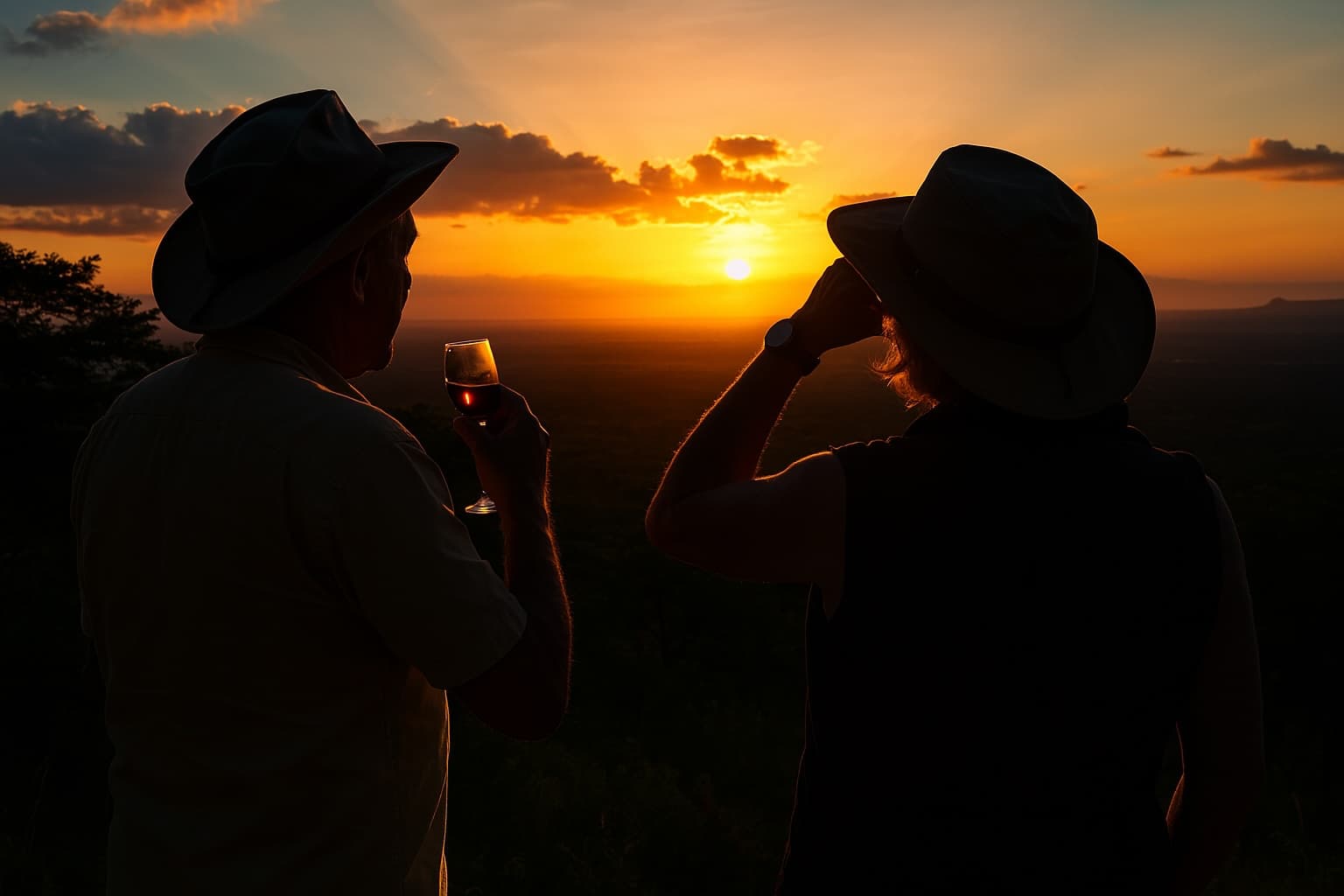 Couple watching sunset on safari